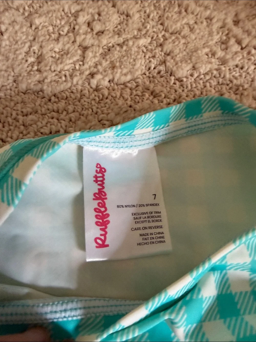 RuffleButts Aqua Gingham Peplum Rash Guard Set size 7